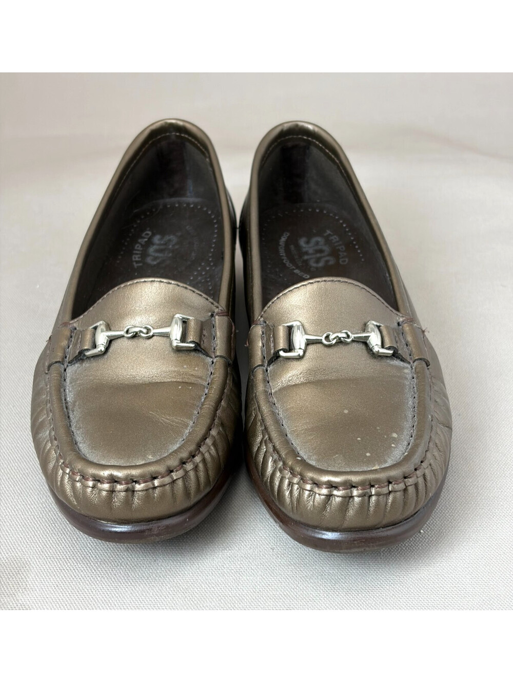 SAS Womens 5.5 M Pewter Metallic Leather Horsebit Loafers Tripad Comfort USA
